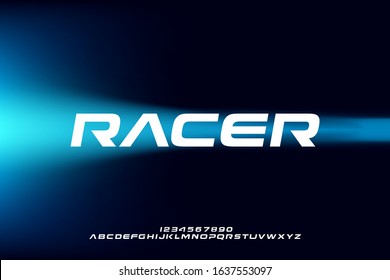 Racer, an abstract sporty alphabet font. digital space typography vector illustration design