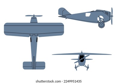 Racer Aircraft Silhouette (1920). Top, Side, Front View. Vintage airplane. Vector clipart isolated on white.