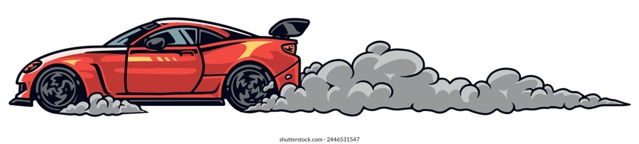 Racer automobile colorful vintage sticker with fast-moving sports car participating in motorsports competitions blowing smoke from under wheels vector illustration