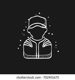 Racer avatar icon in doodle sketch lines. Sport transportation automotive car motorcycle