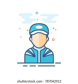 Racer avatar icon in outlined flat color style. Vector illustration.