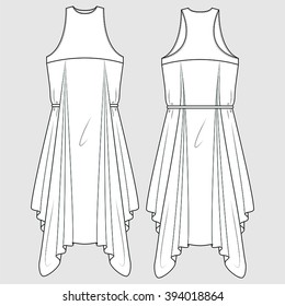 Racer Back Draped Formal Dress. Fashion Illustration, CAD, Technical Drawing, Specification Drawing, Pen Tool, Editable.