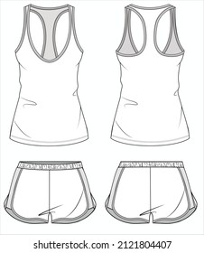 RACER BACK TANK TEE WITH SPORTY SHORTS NIGHTWEAR SET FOR WOMEN AND TEEN GIRLS IN EDITABLE VECTOR FILE