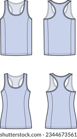 Racer back tank top flat sketch. Sport singlet apparel design. Front and back. Women CAD mockup. Technical drawing template. Vector illustration