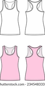 Racer back tank top flat sketch. Singlet apparel design. Front and back. Women CAD mockup. Fashion technical drawing template. Vector illustration.