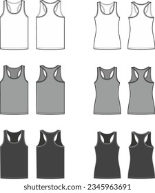 Racer back tank top flat sketch. Set of sport singlet apparel design. Front and back. Men and women CAD mockup. Technical drawing. Vector illustration