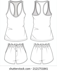 RACER BACK TANK TOP  WITH  WOVENN  SHORTS
NIGHTWEAR SET FOR WOMEN AND TEEN GIRLS IN EDITABLE VECTOR FILE