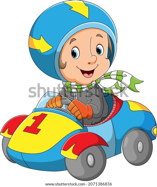 The racer\
boy is riding a fast car of\
illustration