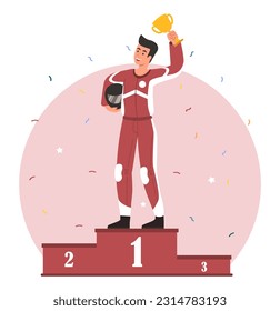 Racer with cup at podium concept. Man in uniform with helmet rejoices in winning competition or tournament. Fastest car pilot, driver. Active lifestyle and sports. Cartoon flat vector illustration