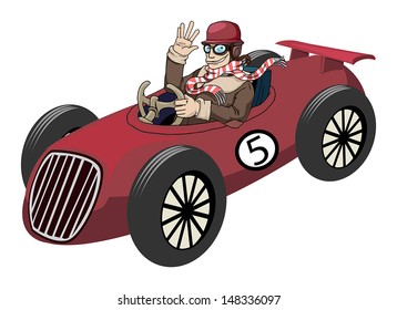 Racer driving old fast race car, vector illustration