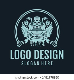 Racer emblems. Set of winged emblems with skulls. Design elements for biker club, racer community logo, label, sign. Vector illustration