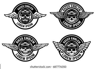 Racer emblems. Set of winged emblems with skulls. Design elements for biker club, racer community logo, label, sign. Vector illustration
