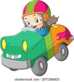 The racer girl is riding a car with the character of illustration