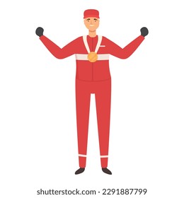 Racer with gold medal icon cartoon vector. Race car team. Auto sport