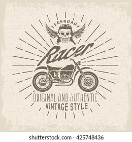 racer grunge vintage print with motorcycle, wings and skull