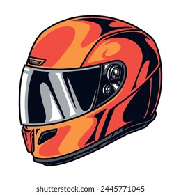 Pegatina vintage colorida del casco del corredor con el casco duro confiable que protege la cara y los ojos del atleta durante la Ilustración vectorial de conducción de alta velocidad