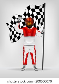 racer in helmet holding checked flag with hand up vector illustration
