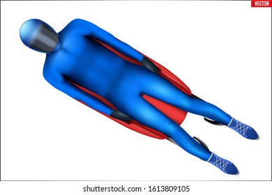 Racer with helmet on luge. Rider in red bodysuit concept of sledging sport. Top view. Vector Illustration isolated on white background.