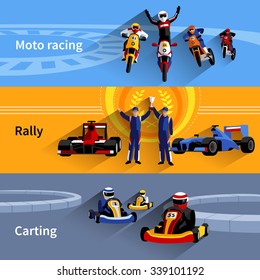 Racer Horizontal Banners Set With Moto Racing Rally And Carting Symbols Flat Isolated Vector Illustration 