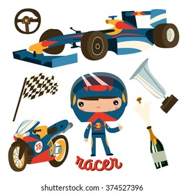 racer kid profession. cute cyclist character set.