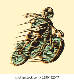 Racer with motorcycle objects in retro hand drawing style