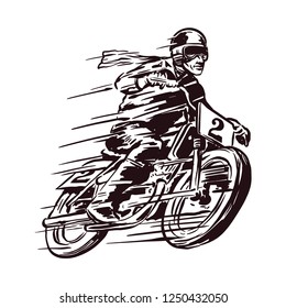 Racer with motorcycle objects in retro hand drawing style