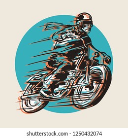 Racer with motorcycle objects in retro hand drawing style