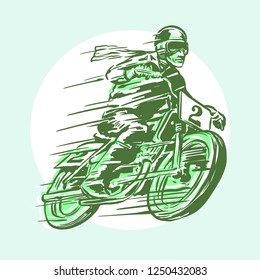 Racer with motorcycle objects in retro hand drawing style
