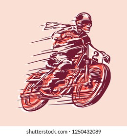 Racer with motorcycle objects in retro hand drawing style