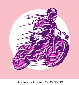 Racer with motorcycle objects in retro hand drawing style