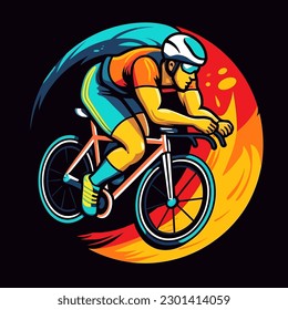 A racer on a bicycle speeding at high speed. Sports disciplines. cartoon vector illustration, isolated background, label, sticker