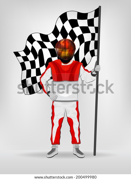 racer in red overall holding checked flag in
helmet vector
illustration