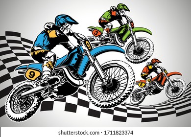 racer riding classic motocross, designed on black and white graphics, Collection set for use illustration vector and simple design.