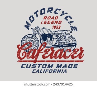 Café racer Road Legend Motocicleta por encargo eslogan con textura grunge para camiseta gráfica o sudadera con capucha - Vector	