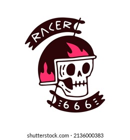 Racer skull with flags, illustration for t-shirt, street wear, sticker, or apparel merchandise. With retro, and cartoon style.