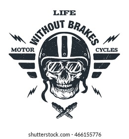 Racer skull in helmet, vintage style. Emblem, t-shirt design.