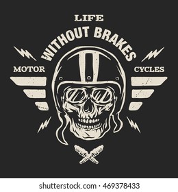 Racer skull in helmet, vintage style. Emblem, t-shirt design.  For a dark background.