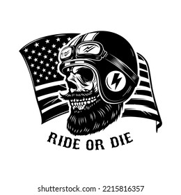Racer skull on usa flag background. Biker skull. Design element for poster, card, banner, sign. Vector illustration