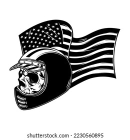 Racer skull on usa flag background. Biker skull. Design element for poster, card, banner, sign. Vector illustration