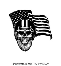 Racer skull on usa flag background. Biker skull. Design element for poster, card, banner, sign. Vector illustration