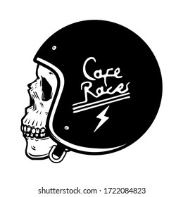 Racer skull wearing motorcycle helmet/ Monochrome vector illustration isolated on white background 