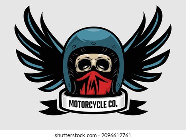 Racer skull in winged helmet. Skull biker with wing. Motorcycle company.