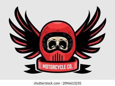 Racer skull in winged helmet. Skull biker with wing. Motorcycle company.