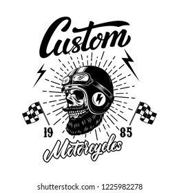 Racer skull in winged helmet. Design element for logo, label, sign, poster, t shirt. Vector image