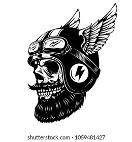 racer skull in winged helmet isolated on white background. Design element for emblem, poster, t-shirt. Vector illustration