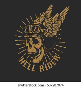 racer skull in winged helmet isolated on dark background. Design element for emblem, poster, t-shirt. Vector illustration