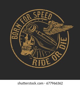 racer skull in winged helmet isolated on dark background. Design element for emblem, poster, t-shirt. Vector illustration