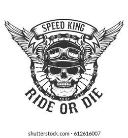 Racer skull with wings. Biker power. Ride or die. Design element for poster, t-shirt, emblem. Vector illustration