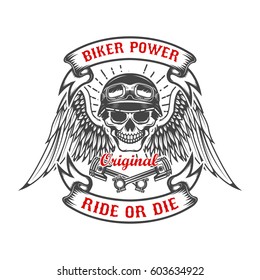 Racer skull with wings and two crossed pistons. Biker power. Ride or die. Design element for poster, t-shirt, emblem. Vector illustration