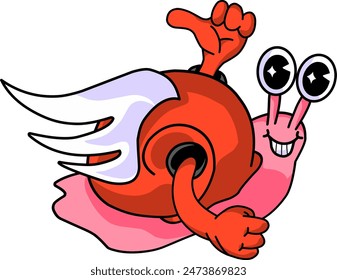 racer snail with winged red shell signifying speed, groovy retro cartoon style snail